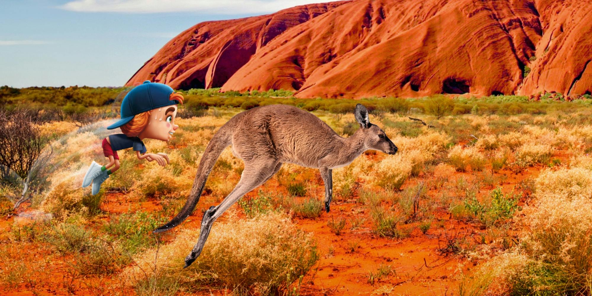 Oskar hüpft einem Känguru im australischen Outback hinterhehr. © goodmatters