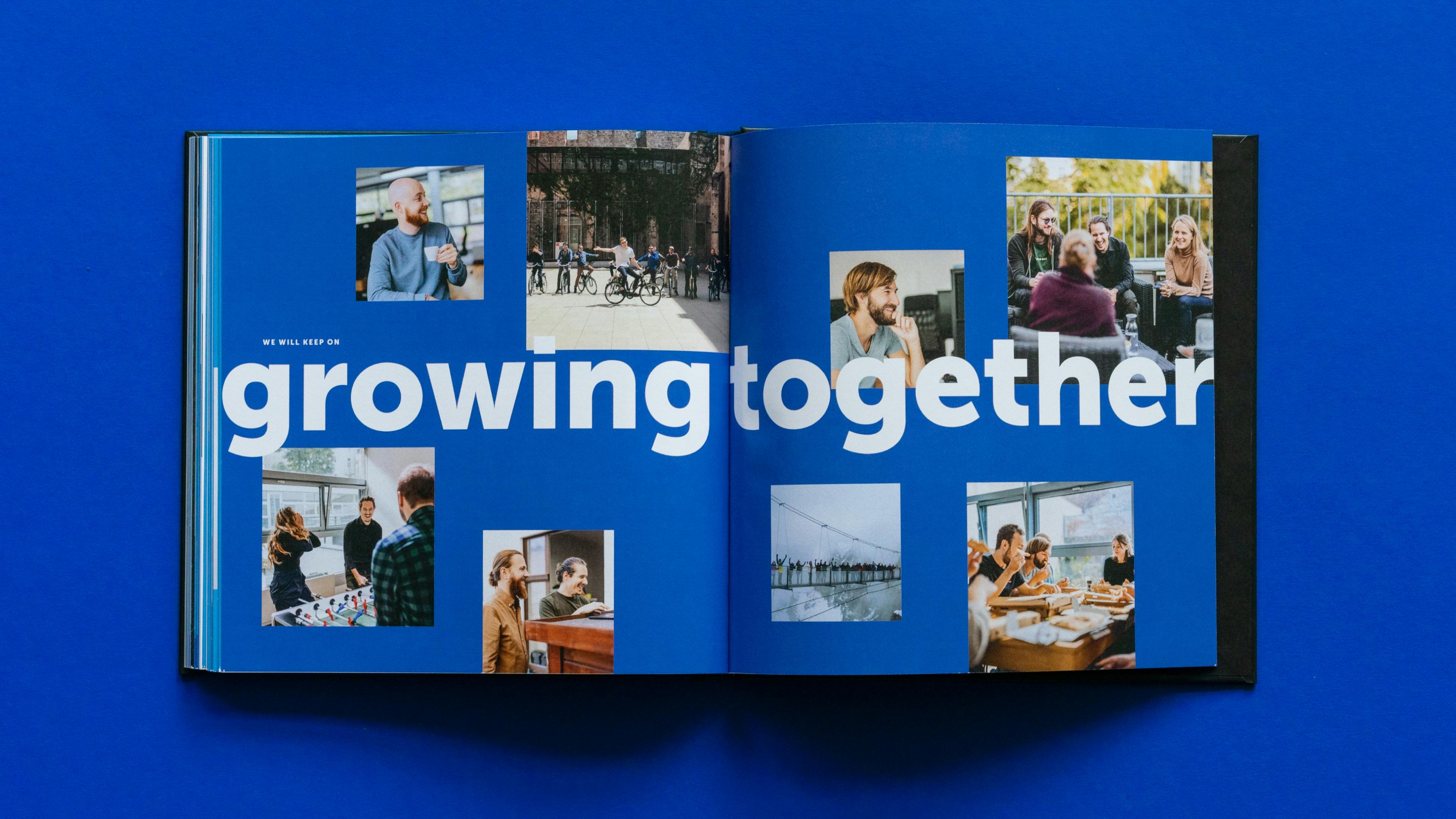 Doppelseite mit mehreren Bildern des craftworks Teams, in der Mitte steht groß: growing together © goodmatters