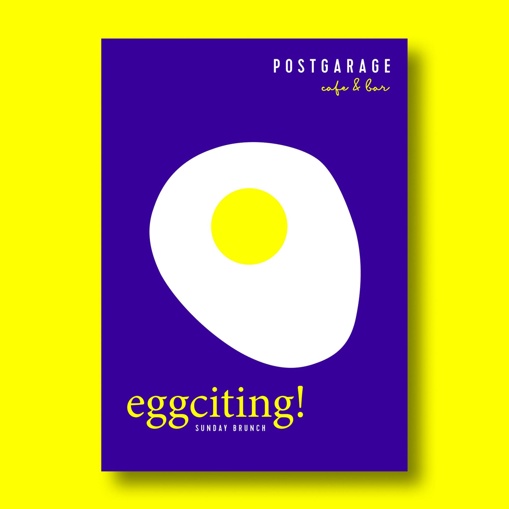Flyer Sunday Brunch der Postgarage cafe&bar mit grafischer Darstellung von einem Ei und dem Titel eggciting © gm gobiq