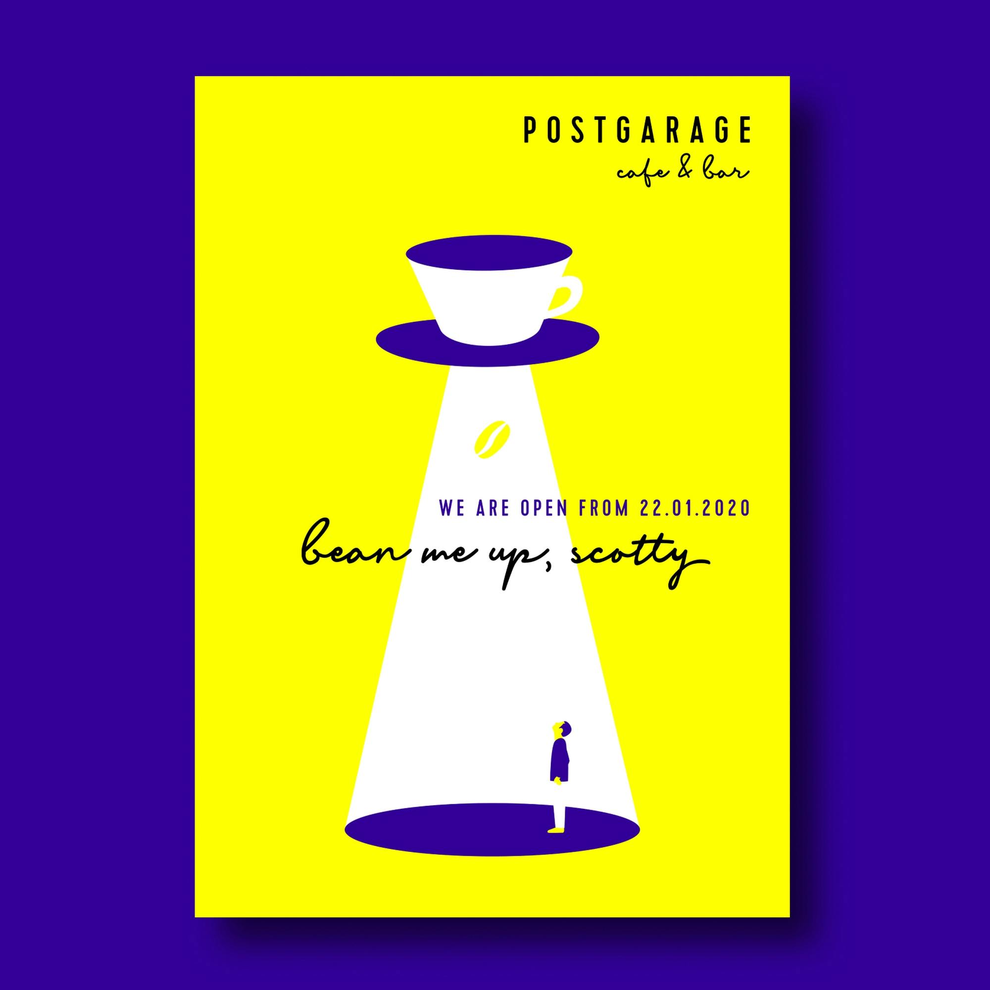 Flyer der Postgarage cafe&bar mit Illustration einer fliegenden Untertasse und einer Kaffeebohne – bean me up, scotty © gm gobiq