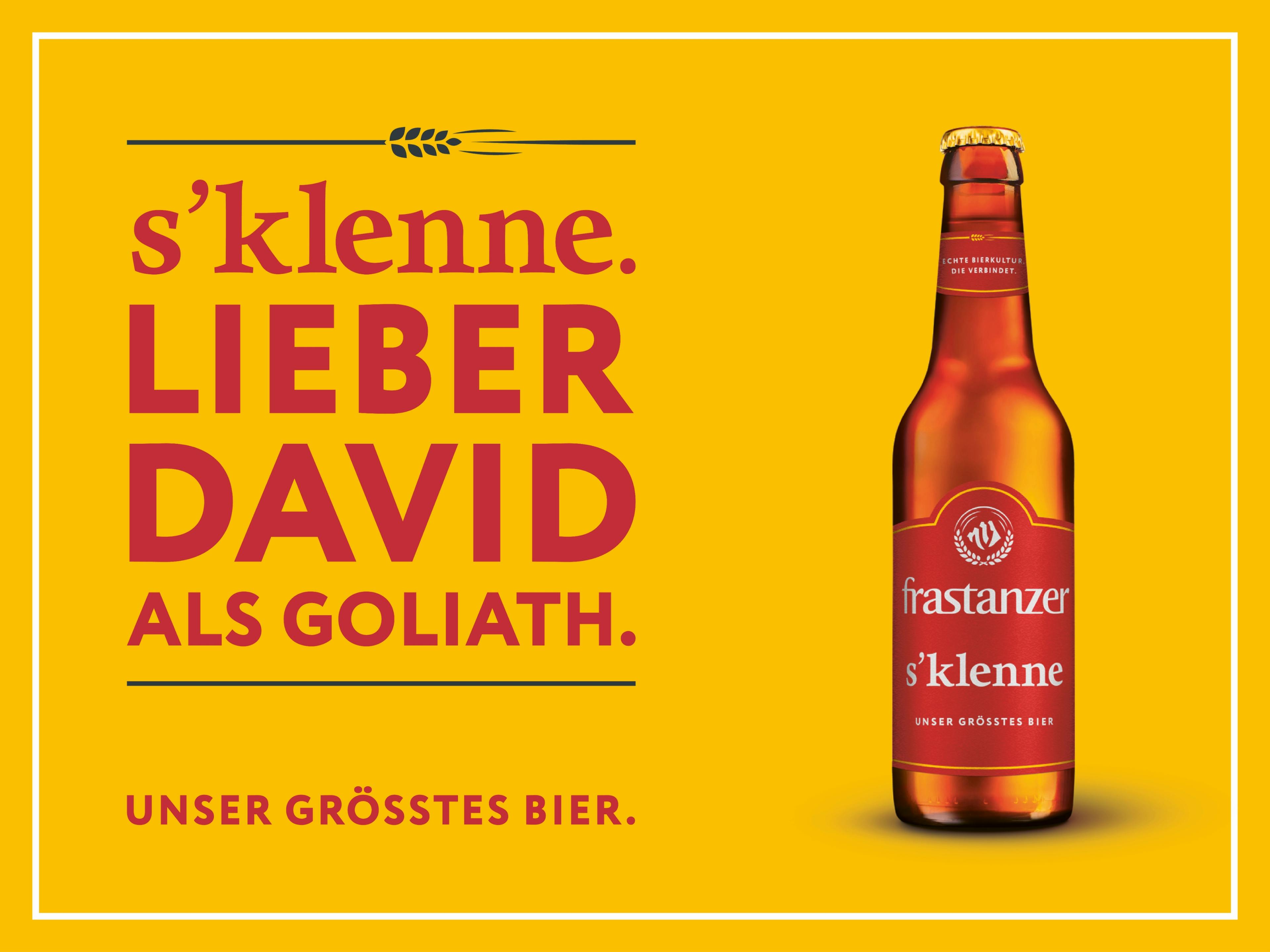 frastanzer s’klenne Bierflasche auf gelbem Hintergrund mit großer Headline: Lieber David als Goliath © gobiq